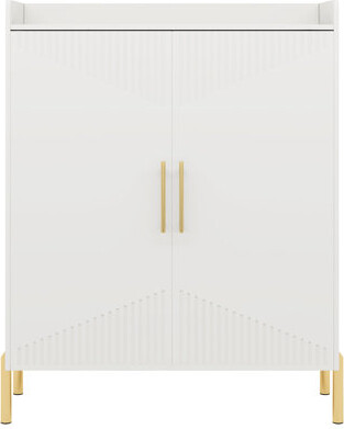 Ebern Designs 35.43” White & Natural Wood 6-Tier Entryway Shoe Storage Cabinet With Doors