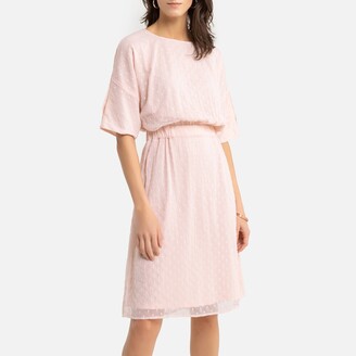 Anne Weyburn Draping Dotted Swiss Dress in Mid-Length with Elbow-Length Sleeves