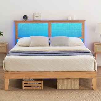 Amyove Queen Bed Frame with Natural Rattan Headboard and Wooden Footboard,  Heavy Duty Metal Platform Bed Frame with Storage, Mattress Foundation Easy