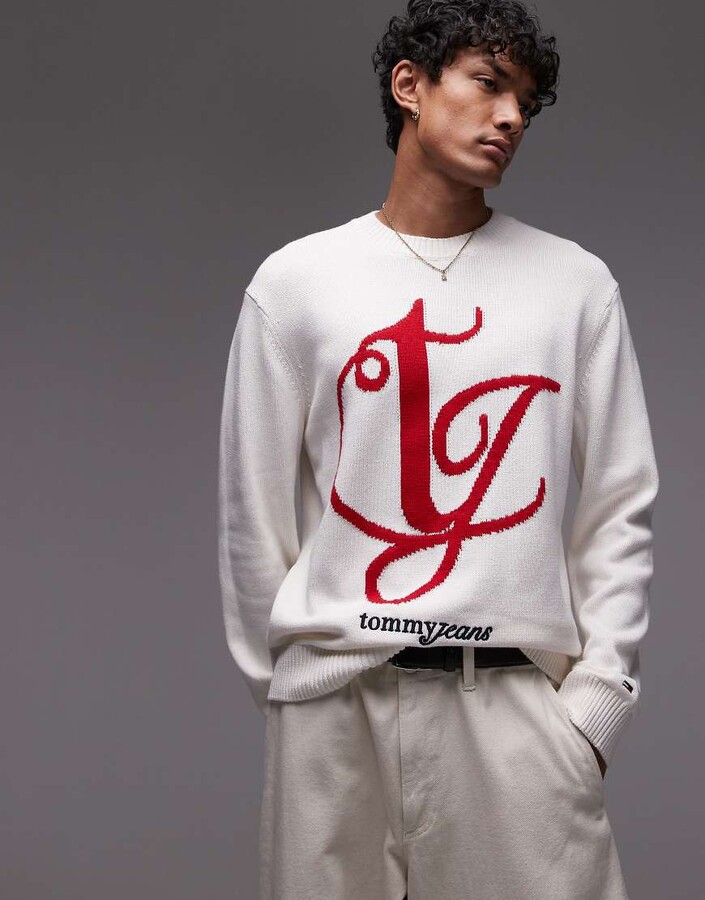 Tommy Jeans swirly intarsia knit sweater in white and red