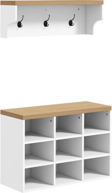 2-in-1 Coat Rack Shoe Bench Set, 9 Pair Shoe Storage Cabinet Rack with Hall Tree, Modern Entryway, Hallway, Mudroom, Bedroom Organizer, White