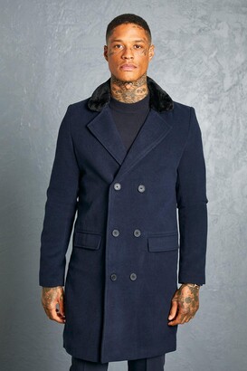 boohoo Mens Navy Double Breasted Faux Fur Overcoat - ShopStyle Raincoats & Trench  Coats