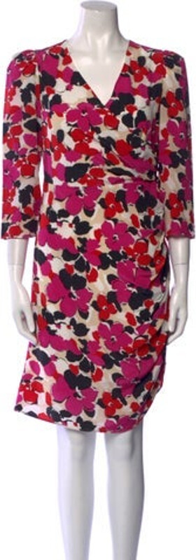 Milly Silk Wrap Dress Pink Printed Three-Quarter Sleeve with V-Neck Concealed Zip Closure at Side Designer