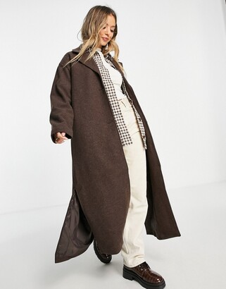 Monki belted oversize coat in brown melange