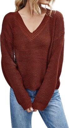 Onebary Knit Tops for Women Off Shoulder V Neck Long Sleeve Pullover Sweater Jumper Shirts Brown