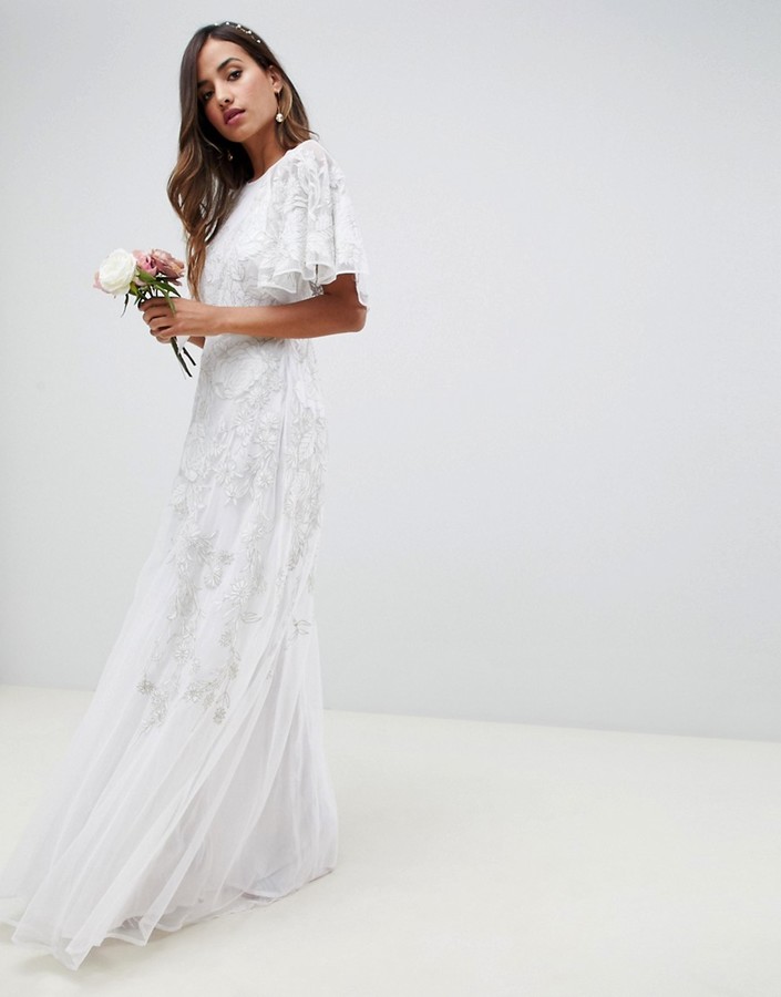 asos edition embroidered flutter sleeve wedding dress