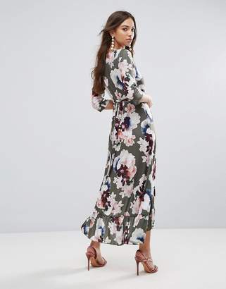 QED London Wrap Floral Maxi Dress With Ruffle