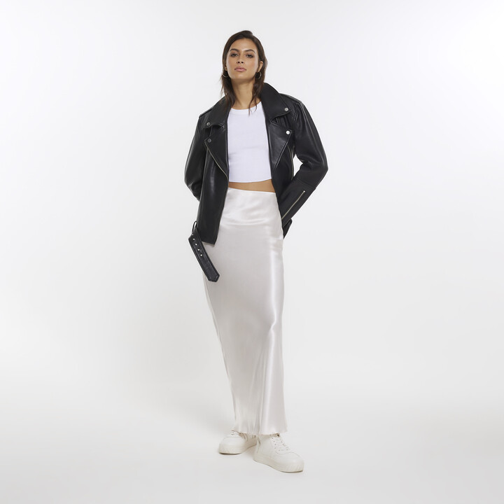 River Island Leather Midi Skirt Cream Beige Leather Skirt River