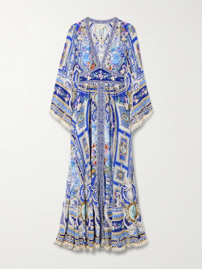 Camilla Crystal-embellished Shirred Printed Silk-chiffon Maxi Dress - Blue