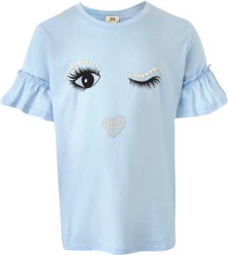 River Island Girls Blue eyelash ruffle sleeve T-shirt