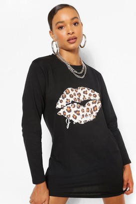 boohoo Long Sleeve Leopard Print Lip T-Shirt Dress