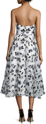 Lela Rose Strapless Stamped-Floral Dress, Ivory/Black