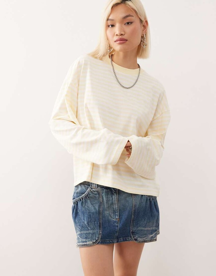Lioness Bloom cotton blend long sleeve crew neck boxy t-shirt in lemon & white stripes