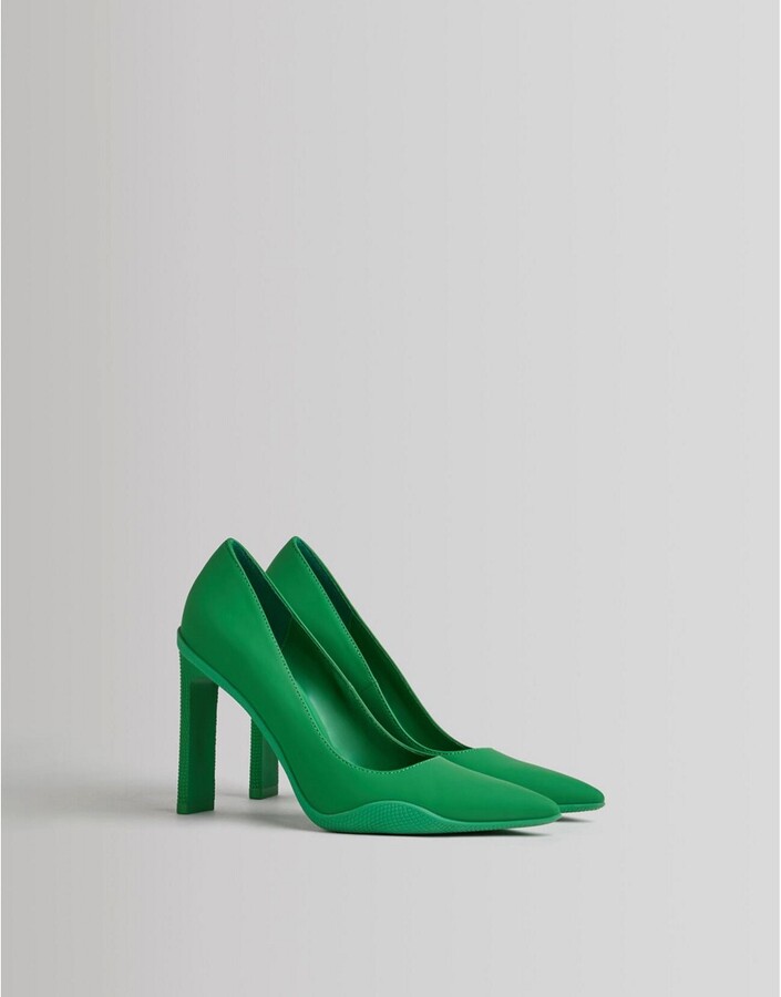 Bershka pointed sporty heeled pumps in green satin - ShopStyle