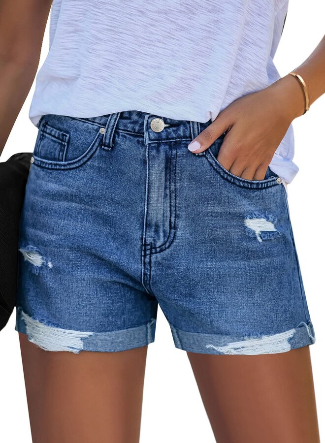 Uqnaivs Women's Casual Mid Waisted Button Fly Cuffed Hem Stretchy Ripped  Denim Jean Shorts Summer Hot Shorts Estate Blue Medium - ShopStyle