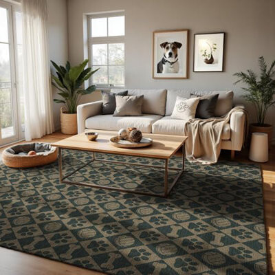 Nayoroom Checkered Woven Rug 8x10 - Pet & Cat Proof Faux Jute Carpet, Scratch-Resistant Dog Paw Design with Bone Motifs Print, Non-Slip for Living Room Bedroom