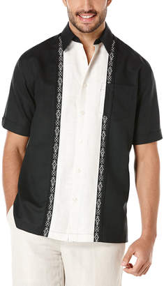 Cubavera Linen Short Sleeve Contrast Tuck Panel With Ornate Embroidery