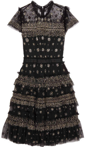 Needle & Thread - Andromeda Ruffled Embellished Tulle Mini Dress - Black