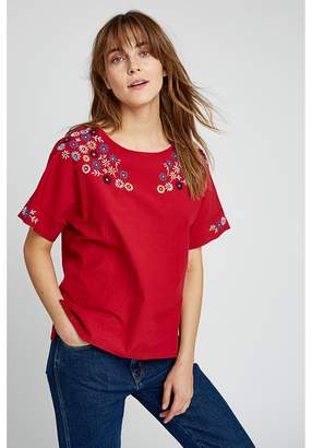 People Tree Deep Red Mae Hand Embroidered Flower Top - UK10 | organic cotton | wine | Hand embroidered - Wine