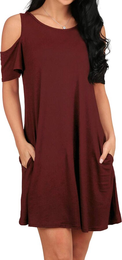 OFEEFAN Womens Cold Shoulder Tunic Top T-Shirt Swing Dress with Pockets