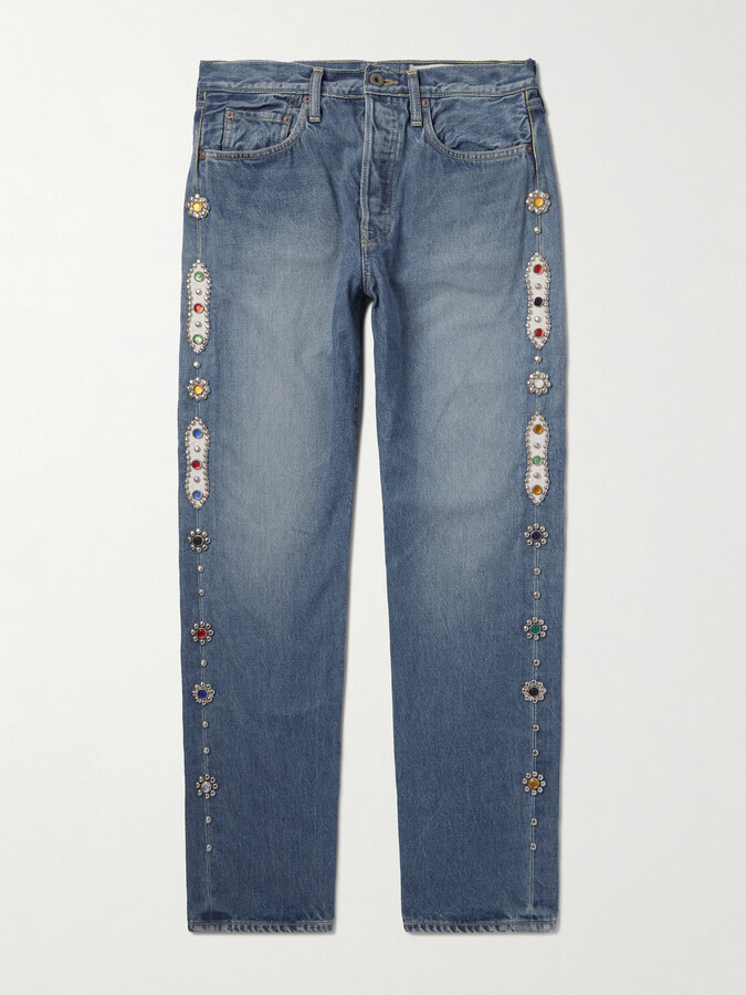 KAPITAL Monkey Cisco Straight-Leg Leather-Trimmed Embellished Jeans