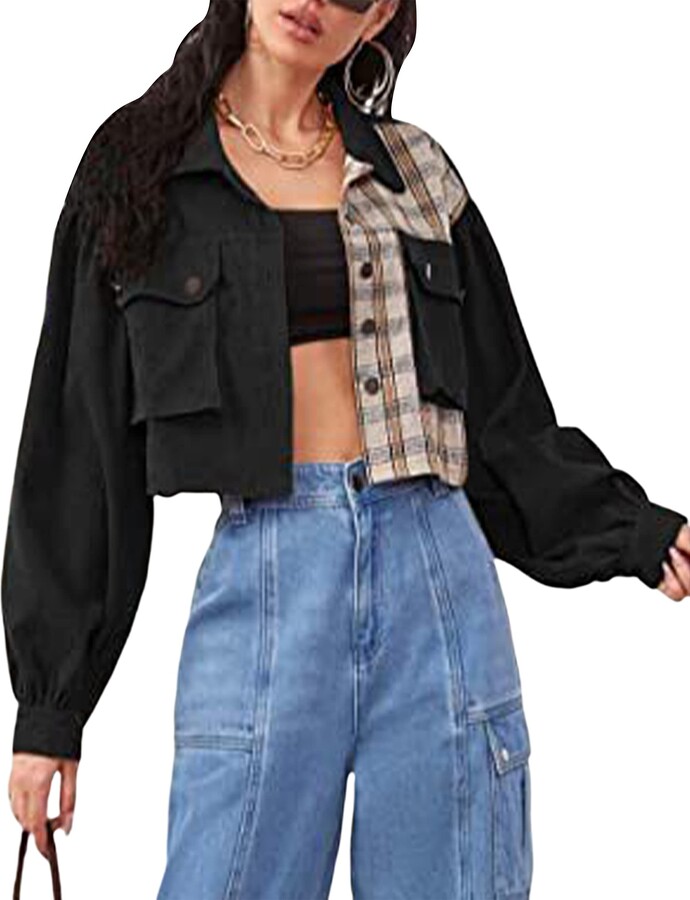 Yidarer Women's Plaid Crop Corduroy Jacket Pocket Front Long Sleeve Button  Front Casual Coat(Black-XL) - ShopStyle