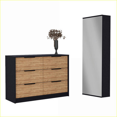 Red Barrel Studio Bedroom Set, Modern 2-Piece Wall-Mounted Shoe Rack & Dresser, Dark Brown/Tan | Engineered Wood | Multicolor