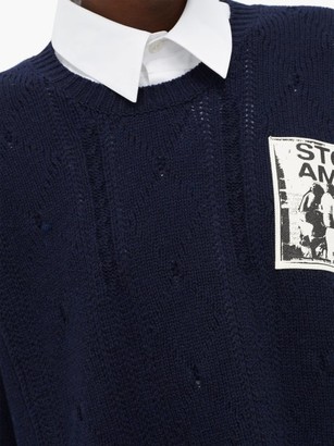 Raf Simons Patch-applique Distressed Merino-wool Sweater - Navy