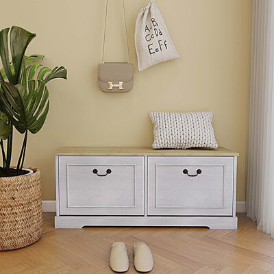 Shoe Storage Bench with 2 Flip Drawers and Adjustable Shelf for Entryway