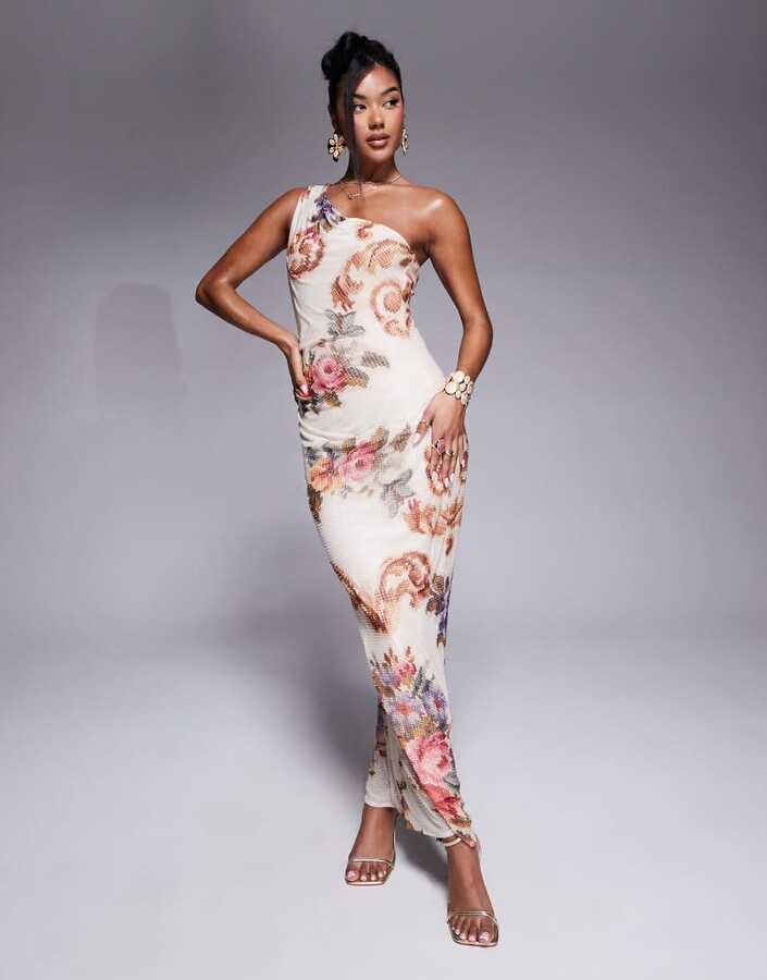 ASOS DESIGN hotfix embellished one shoulder midi dress in vintage tapestry print