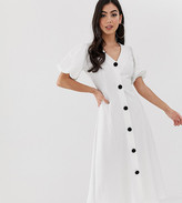Thumbnail for your product : ASOS DESIGN Petite midi skater dress with puff sleeves and contrast buttons