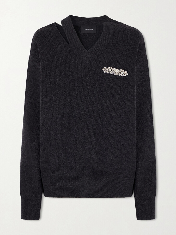 Simone Rocha Cut-out Crystal And Faux-pearl Embellished Wool-blend Sweater - Gray