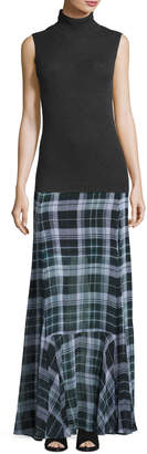McQ Flared Fluid Plaid Silk Maxi Skirt, Green