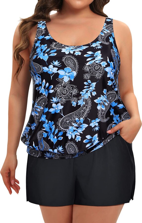 MARINAVIDA Two Piece Plus Size Swimsuits for Women Blouson Tankini Tops