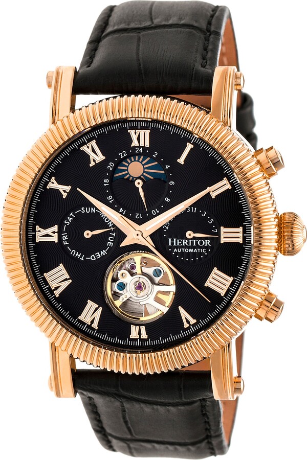 Heritor Automatic Winston Semi-Skeleton Leather-Band Watch