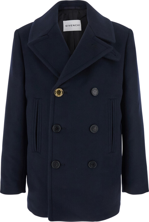 Givenchy Blue Coat With Wide Lapels And Logoed Buttons In Wool Man