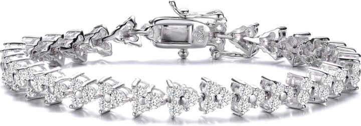 Genevive Sterling Silver with Rhodium Plated Clear Round Cubic Zirconia 3-Stone Triangular Link Bracelet