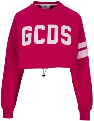 GCDS Logo Embroidered Drawstring Cropped Sweatershirt