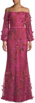 Thumbnail for your product : Marchesa Notte Off-the-Shoulder Bishop-Sleeve 3D Floral-Embroidered Gown