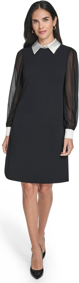 Jessica Howard Women's Combo Bishop Sleeve Shirt Collar with Bow Sheath Dress