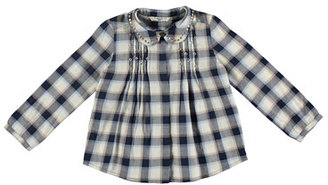 Mayoral Studded Plaid Pintucked Blouse, Navy, Size 3-6