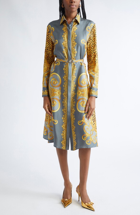 Versace Cheetah Barocco Print Long Sleeve Silk Belted Shirtdress