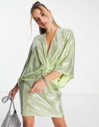 Flounce London plunge front mini dress with drop sleeves in lime metallic  sparkle - ShopStyle