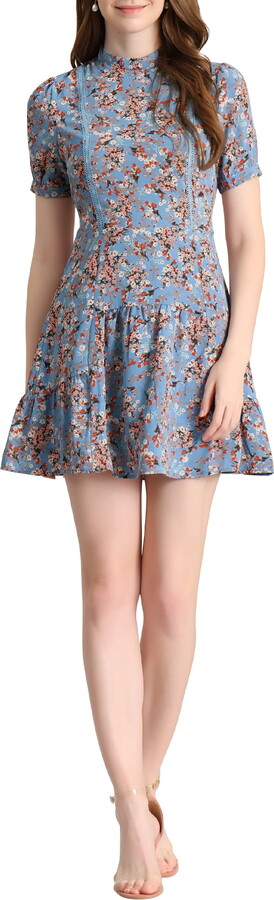Unique Bargains Junior’s Elegant Short Sleeve Floral Summer Above the Knee Dress Dusty Blue M