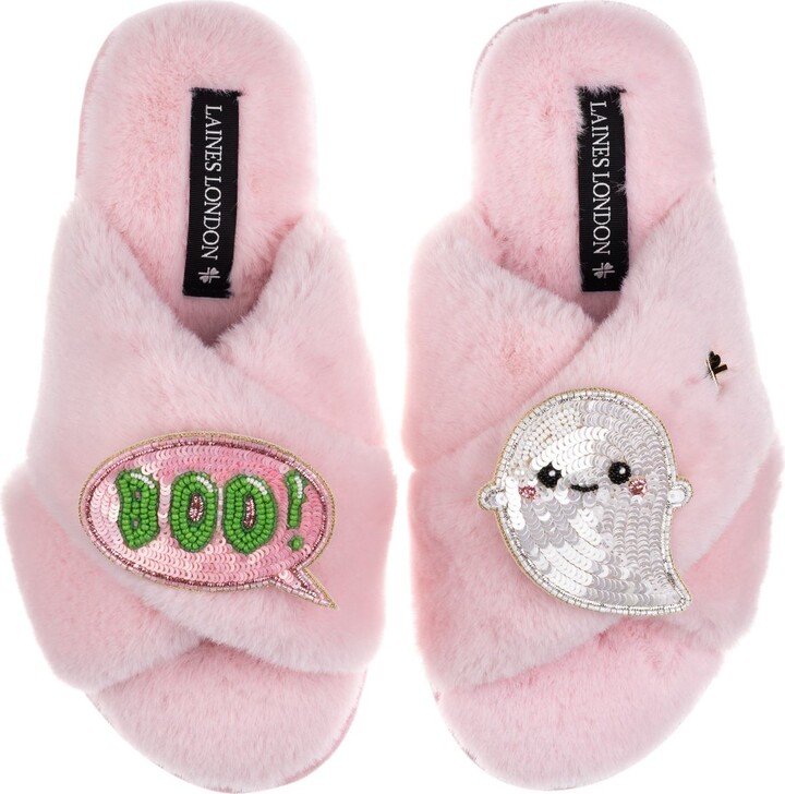 Laines London Classic Slippers With Limited Edition Laines Lovables Boo The Ghost Halloween Brooches - Pink