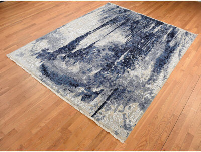 Hokku Designs 10'x10' Denim Wool and Silk Shibori Design Hand Knotted Square Rug F3685BD4B31B483788CA0B26923C5898