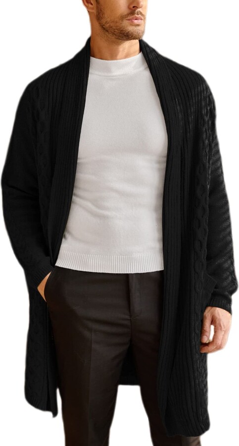 thumbnail image 2 of Mens Shawl Collar Long Cardigan Casual Buttons Twist Knited Cardigan Sweaters Fall Winter Chunky Overcoat Trench Tops(Black,Medium 2 of 10