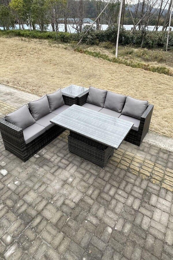 Fimous 6 Seater Rattan Sofa Set Adjustable Lifting Dining Table Side