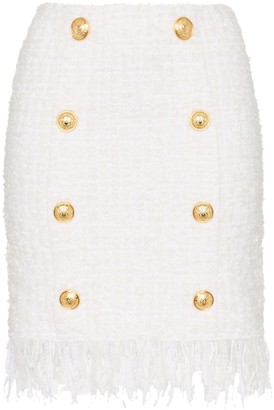 Balmain Tweed Shredded Hem Gold Tone Button Skirt