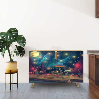Dakota Fields Sideboard Buffet Cabinet with Storage fantasy mushroom garden night forest landscape art stars moon planets with 2 Doors for Living Room and Kitchen